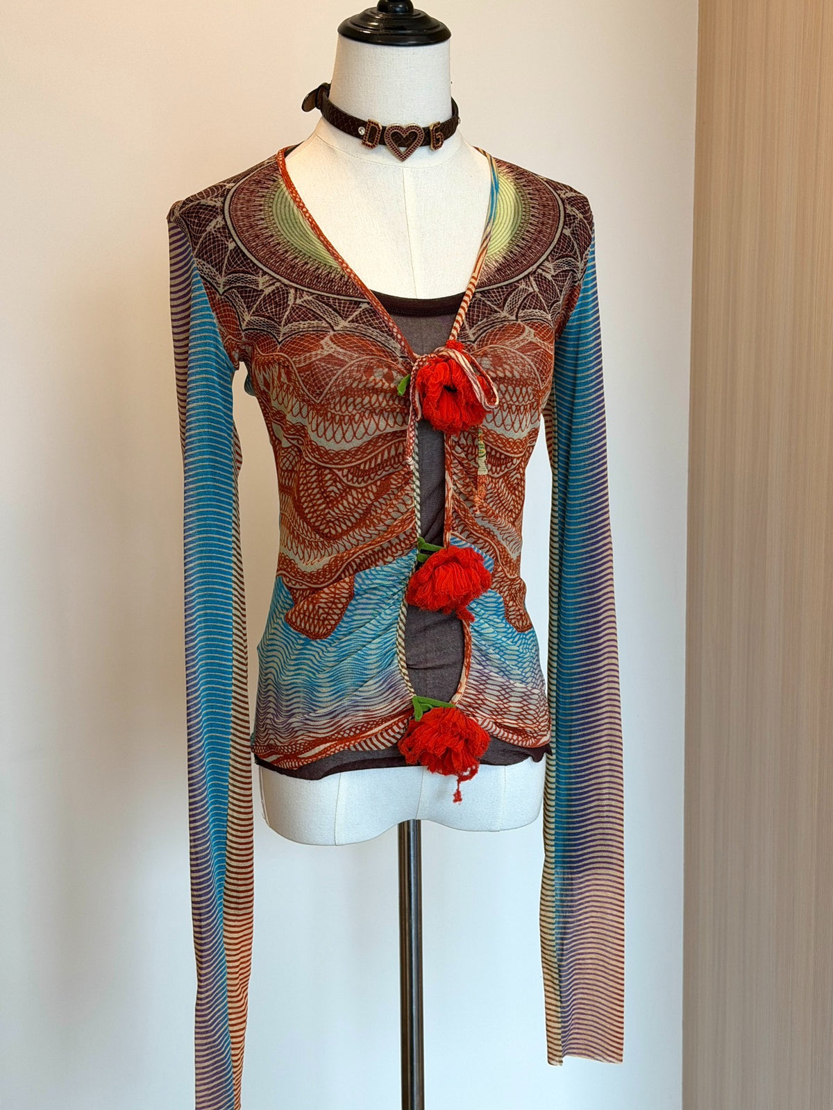 Jean Paul Gaultier Vintage V-Neck Mesh Print Long Sleeve Top