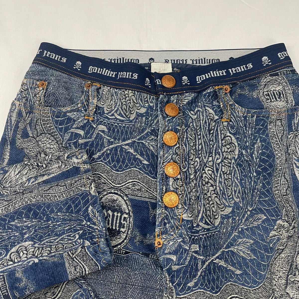 1994 Fall/Winter Jean Paul Gaultier Dragon Slayer Warrior Tribal Tattoo Jacquard Jeans