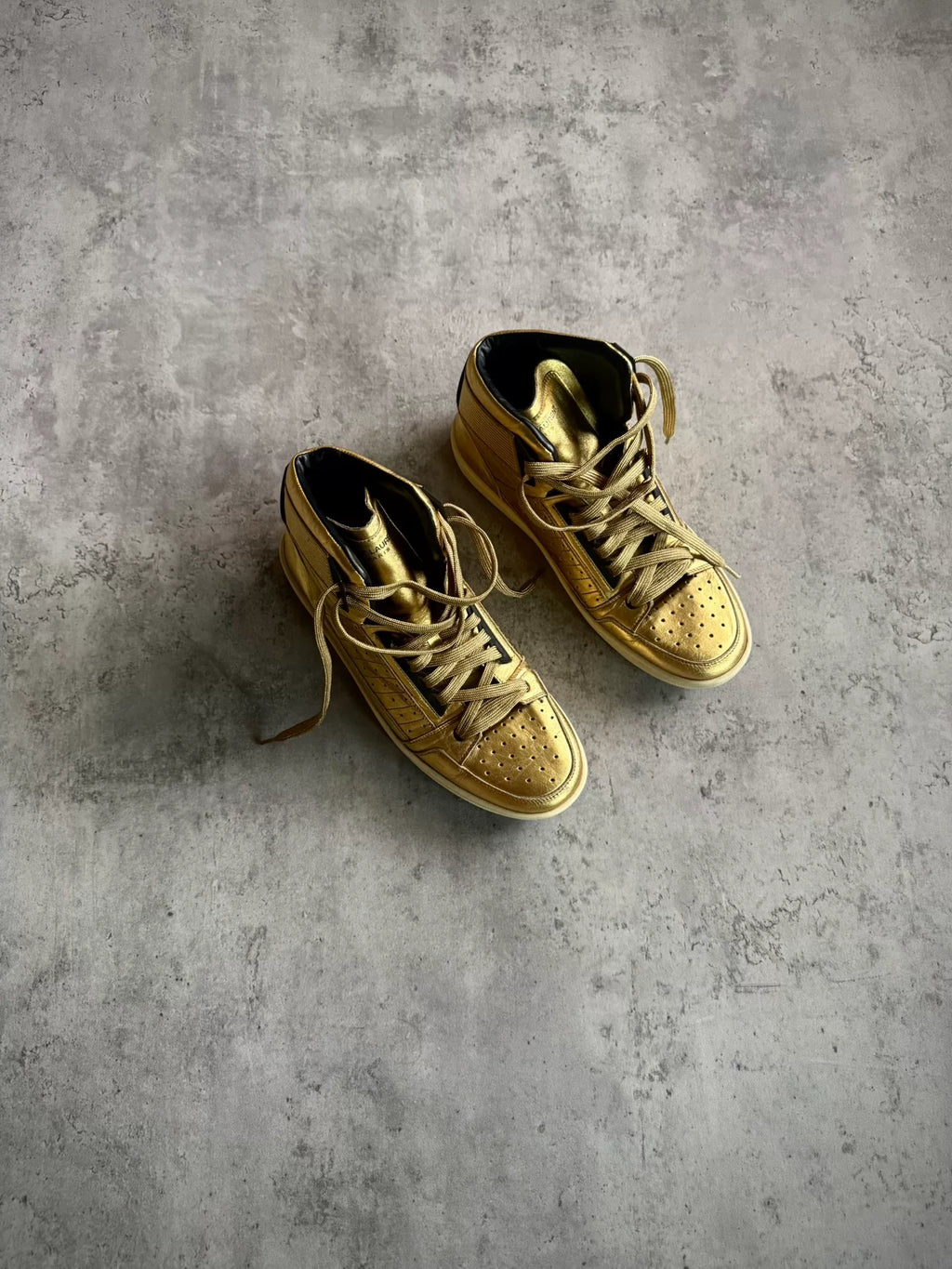 Saint Laurent Paris 15AW SL/24H Gold Metal Pleated High-Top Sneakers by Hedi Slimane