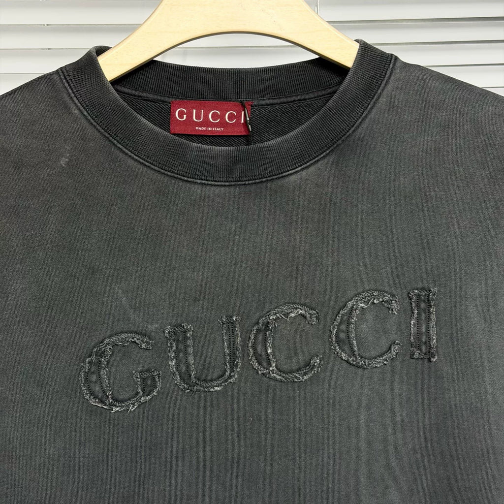 Gucci Embroidered Logo Washed Distressed Cotton Gray Hoodie