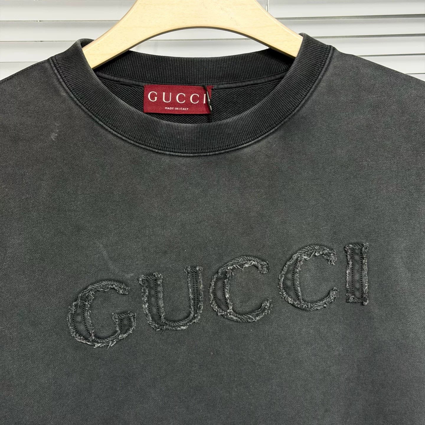 Gucci Embroidered Logo Washed Distressed Cotton Gray Hoodie