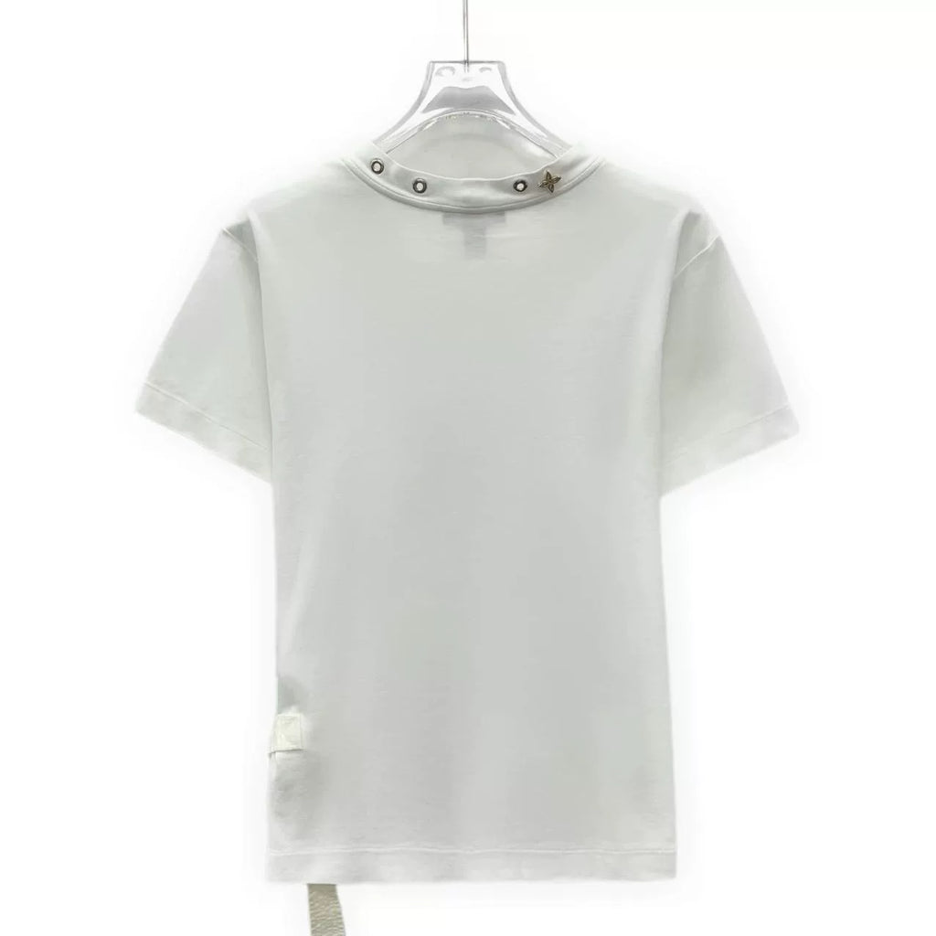 Louis Vuitton White Cut-Out Monogram Collar Cotton Crew Neck Short Sleeve Top