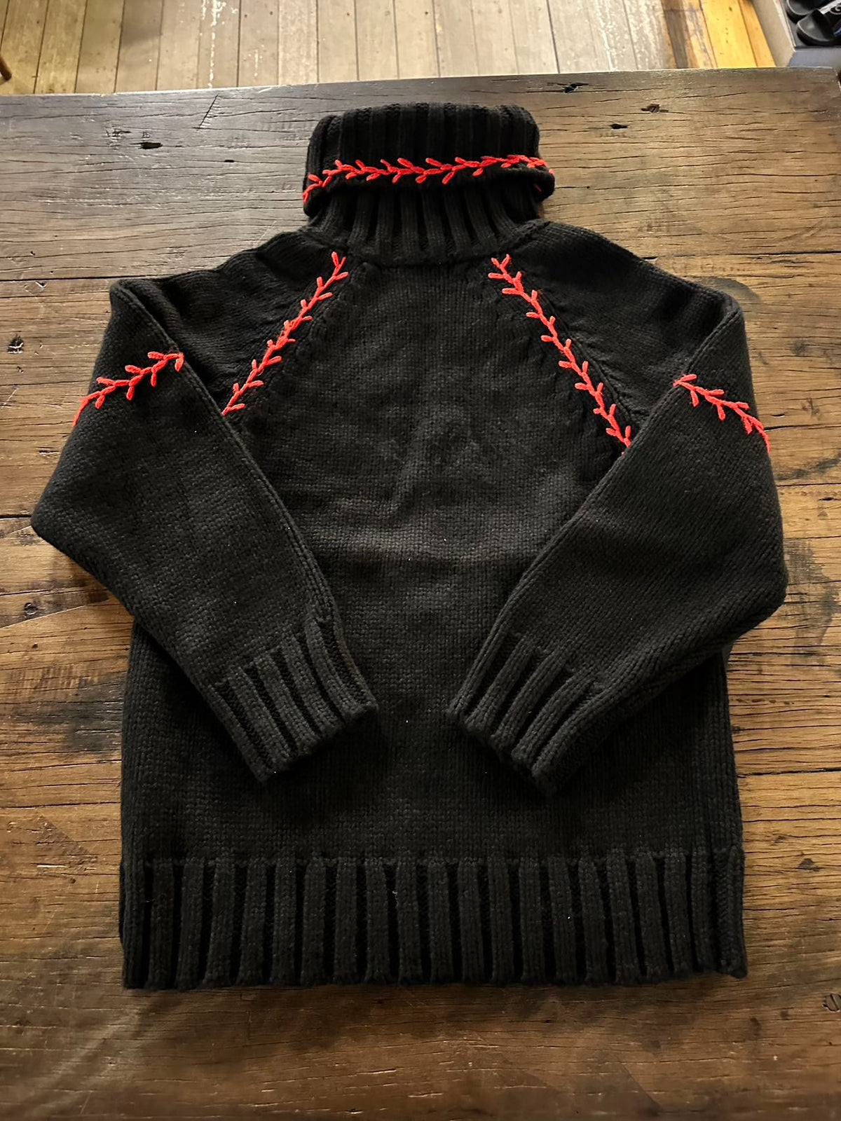 Alexander McQueen FW17 Black Red Feather Embroidered Turtleneck Cashmere Sweater