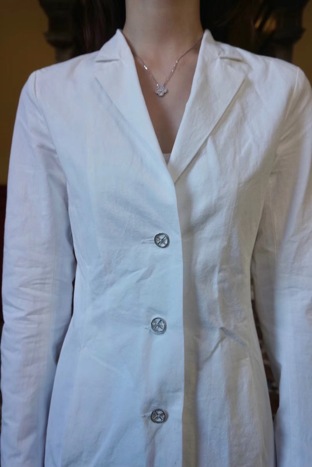 M.A+ SS19 White Three Planet Silver Buttons Cotton Linen Coat
