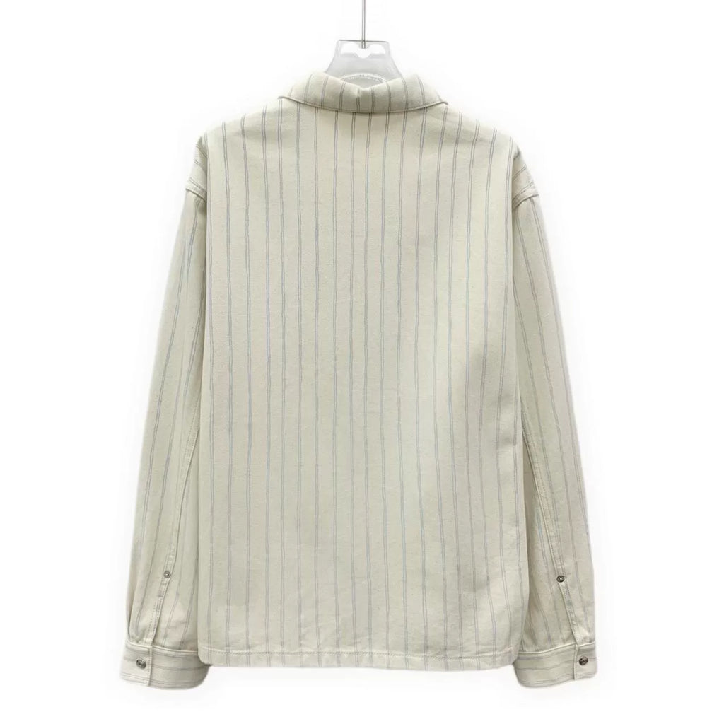 Dior Beige Vertical Stripe Logo Letter Embroidered Cotton Collared Single-Breasted Long Sleeve Shirt