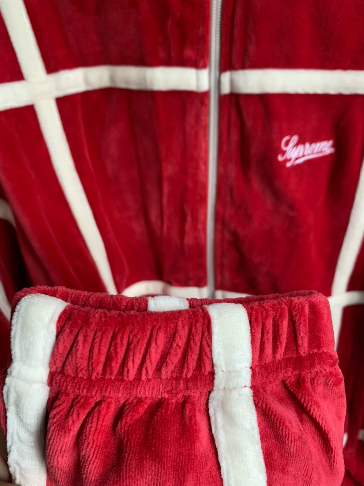 Supreme SS20 Red Grid Taping Velvet Jacket