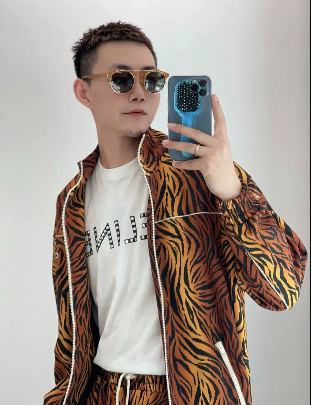 Celine Tiger Leopard Print Stand-Collar Zip-Up Knit Jacket