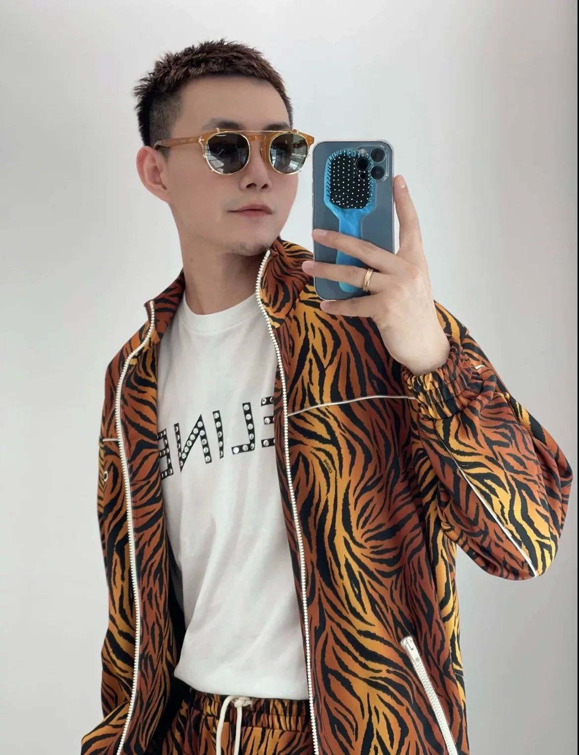 Celine Tiger Leopard Print Stand-Collar Zip-Up Knit Jacket