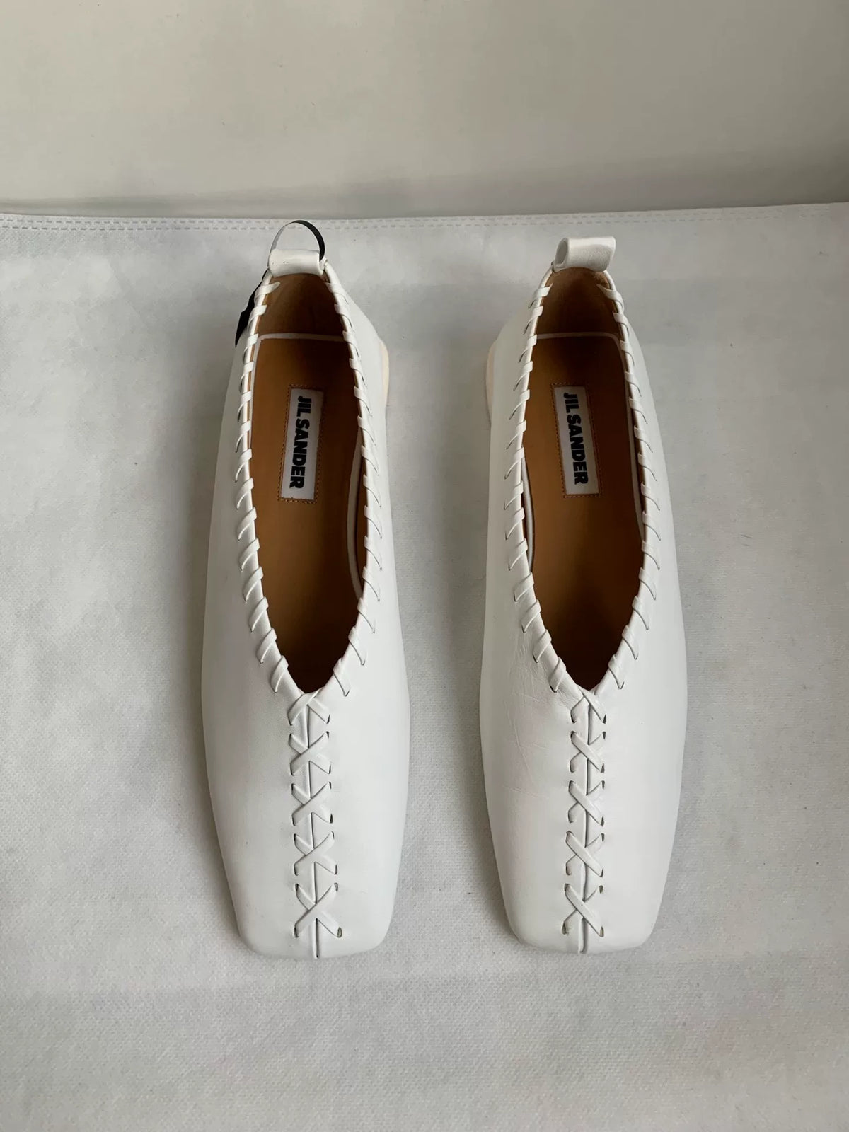 Jil Sander White Metal Ring Woven Square-Toe Flats