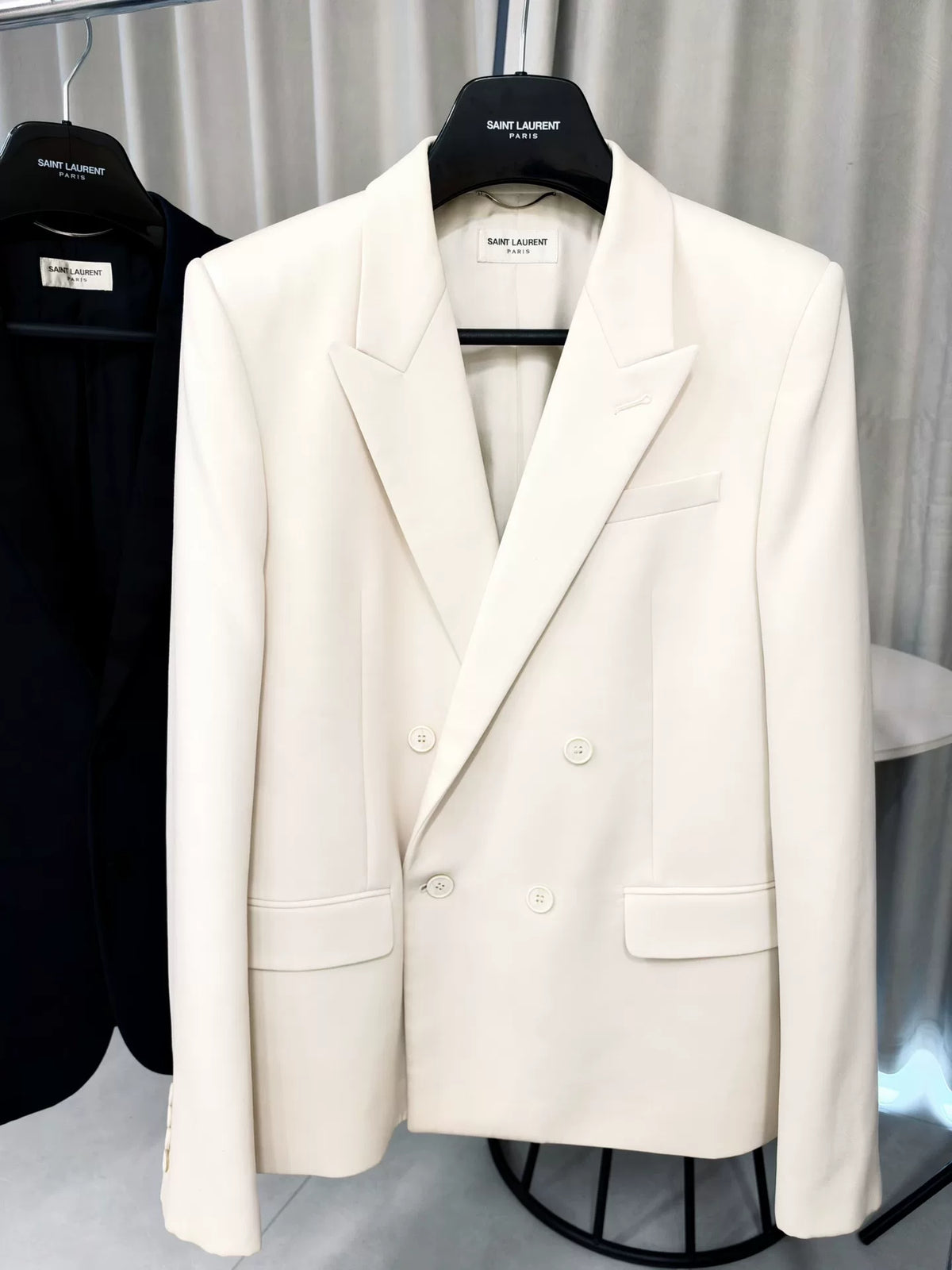 Saint Laurent Paris FW19 Off-White Peak-Lapel Double-Breasted Wool Blazer