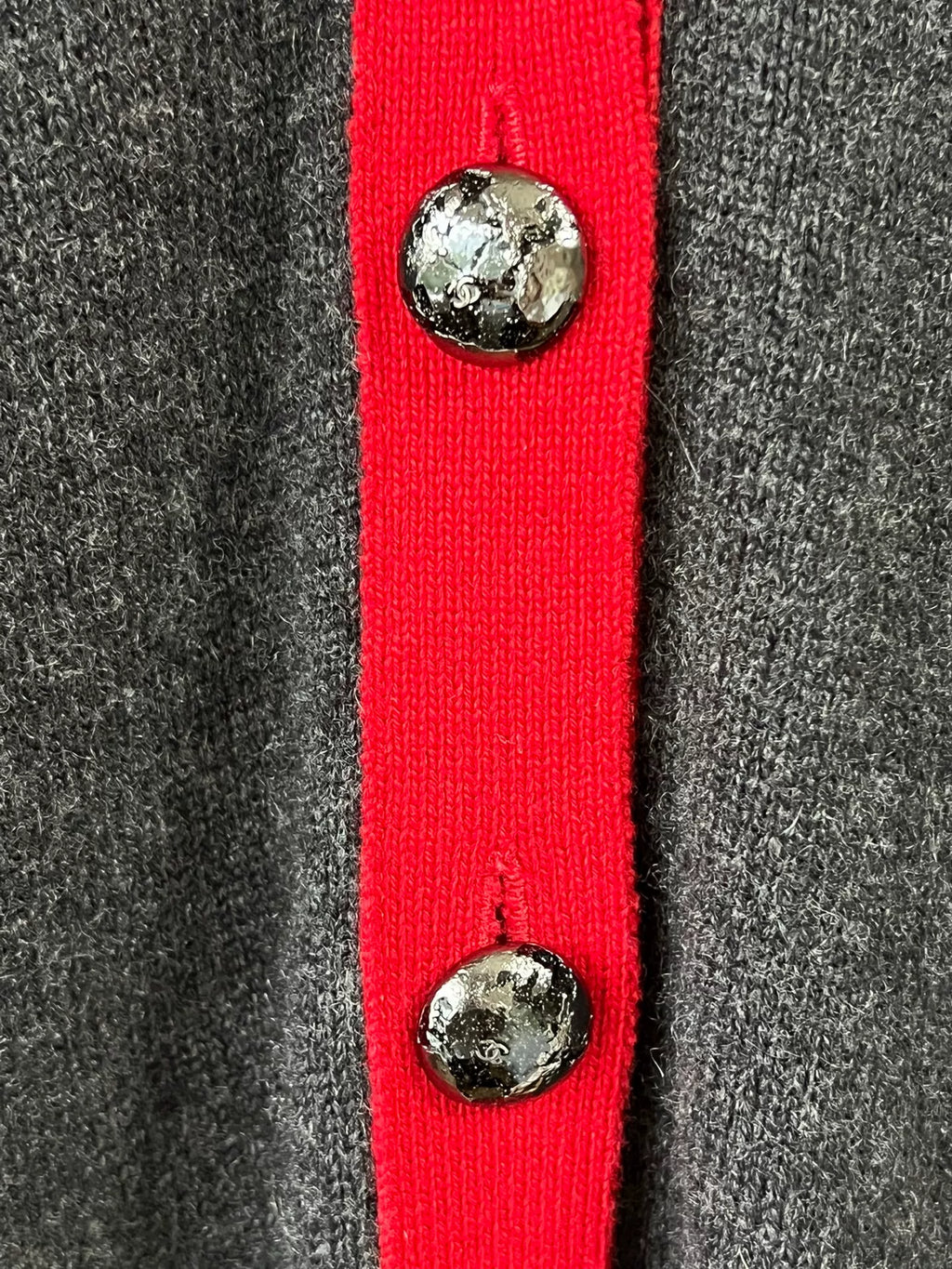 Chanel Grey Red Trim V-Neck Knit Cardigan