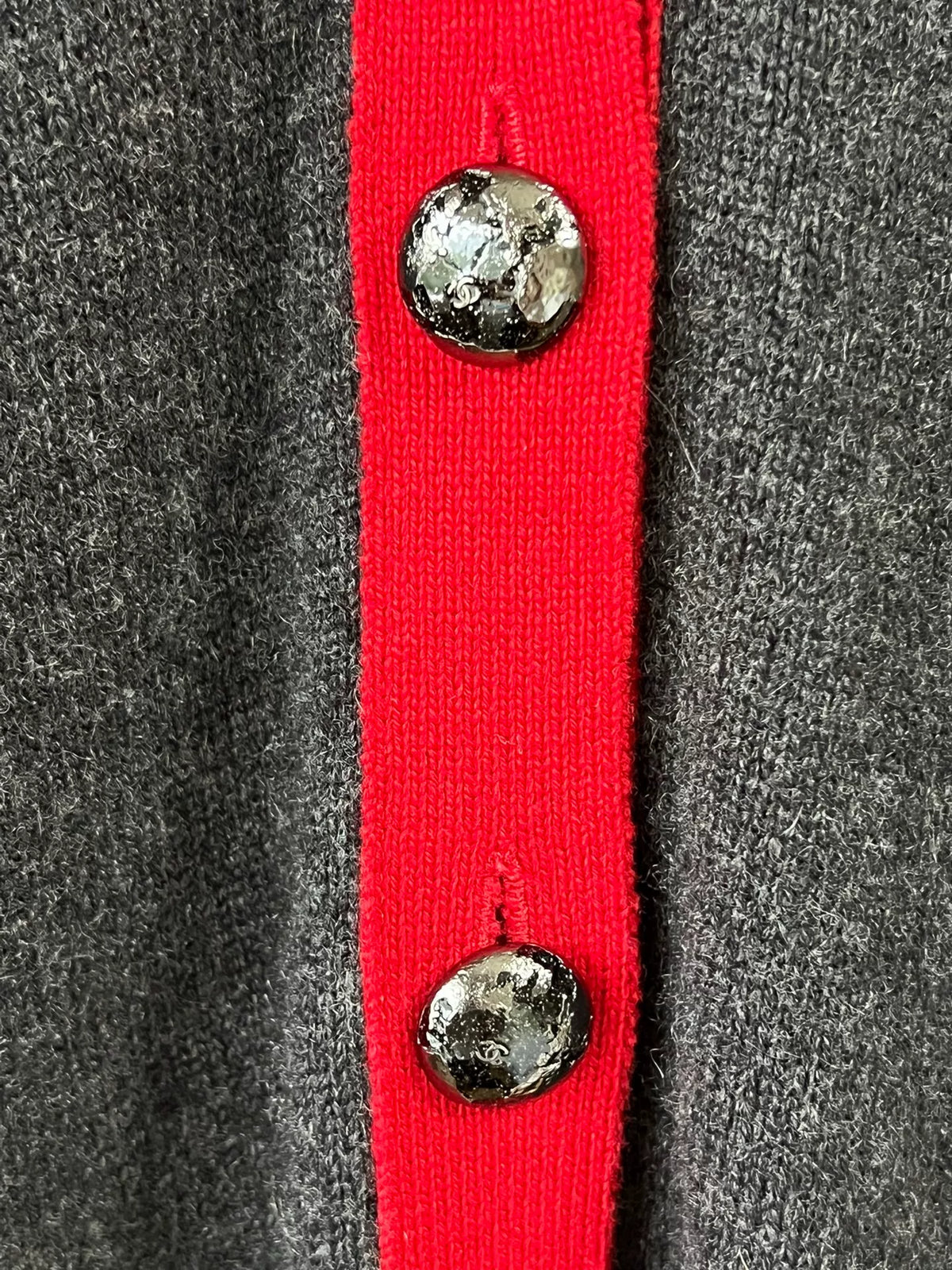 Chanel Grey Red Trim V-Neck Knit Cardigan