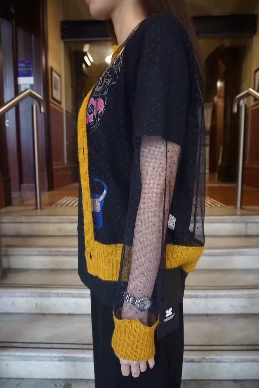 Undercover FW16 Navy Blue Tulle Patchwork Cat Embroidery Mohair Hooded Sweater