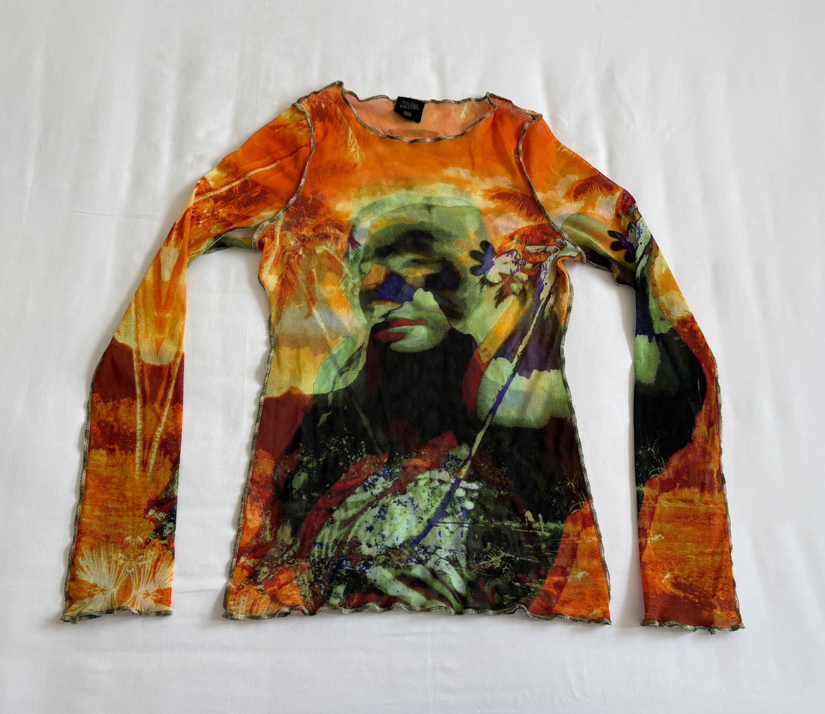 Jean Paul GAULTIER runway-style portrait print mesh top