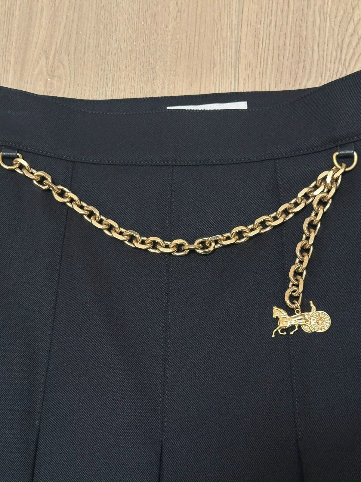 Celine Black Carriage Logo Gold Chain Wool Skirt