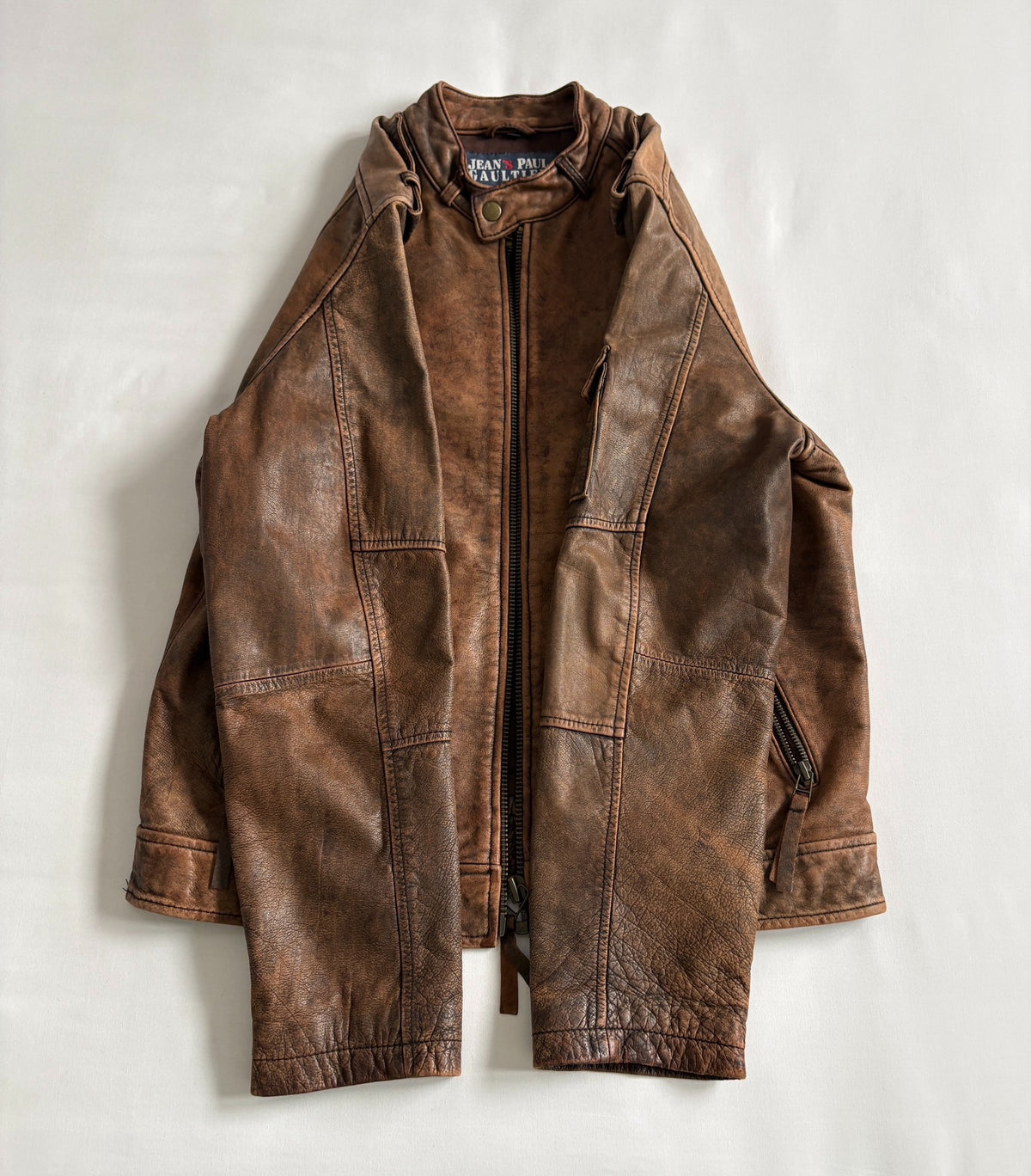 jean paul gaultier leather jacket high tige vintage distressed mottled motorcycle leather jacket