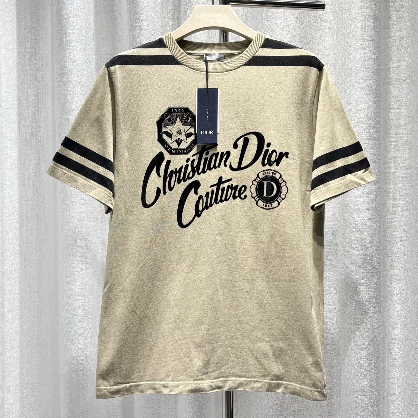 Dior SS25 Logo Striped Cotton Beige Short Sleeve T-Shirt
