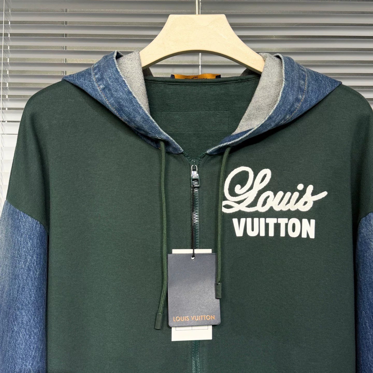 Louis Vuitton SS23 Jacket Zip Denim Color-Block Logo Embroidered Cotton Denim Green Hoodie