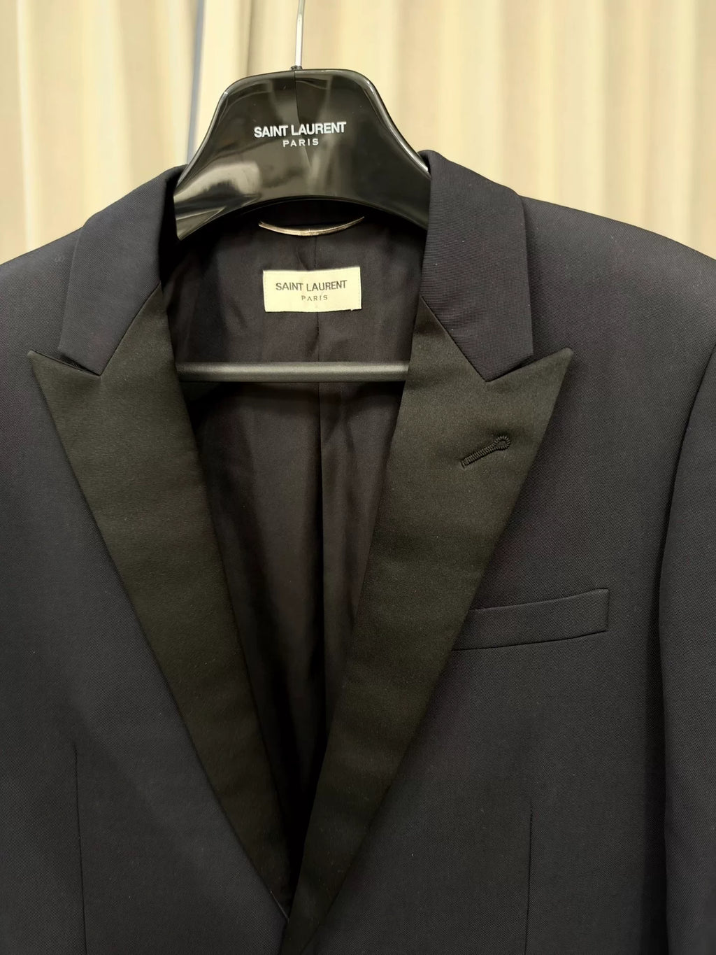 Saint Laurent Paris FW14 Le Smoking Navy Blue Satin Peak-Lapel Wool Blazer by Hedi Slimane