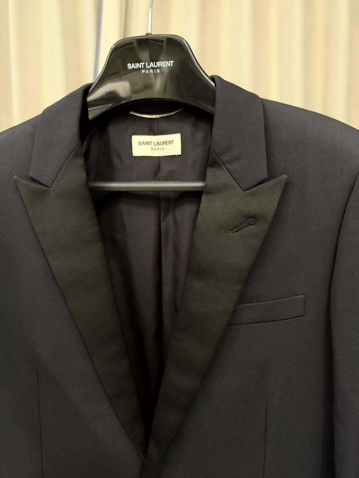 Saint Laurent Paris FW14 Le Smoking Navy Blue Satin Peak-Lapel Wool Blazer by Hedi Slimane