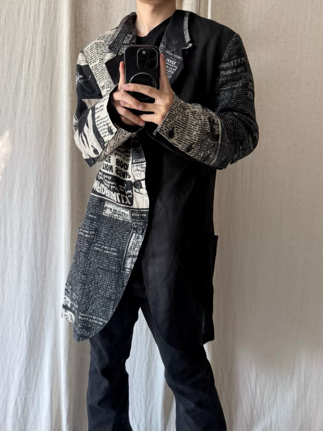 Yohji Yamamoto Black Newspaper Print Asymmetric Linen Coat