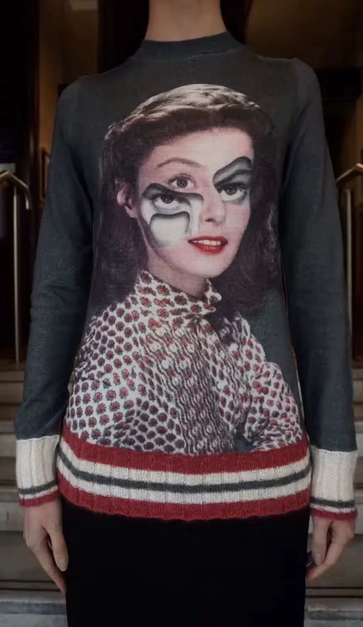 Undercover FW16 Grey Woman Portrait Wool Sweater