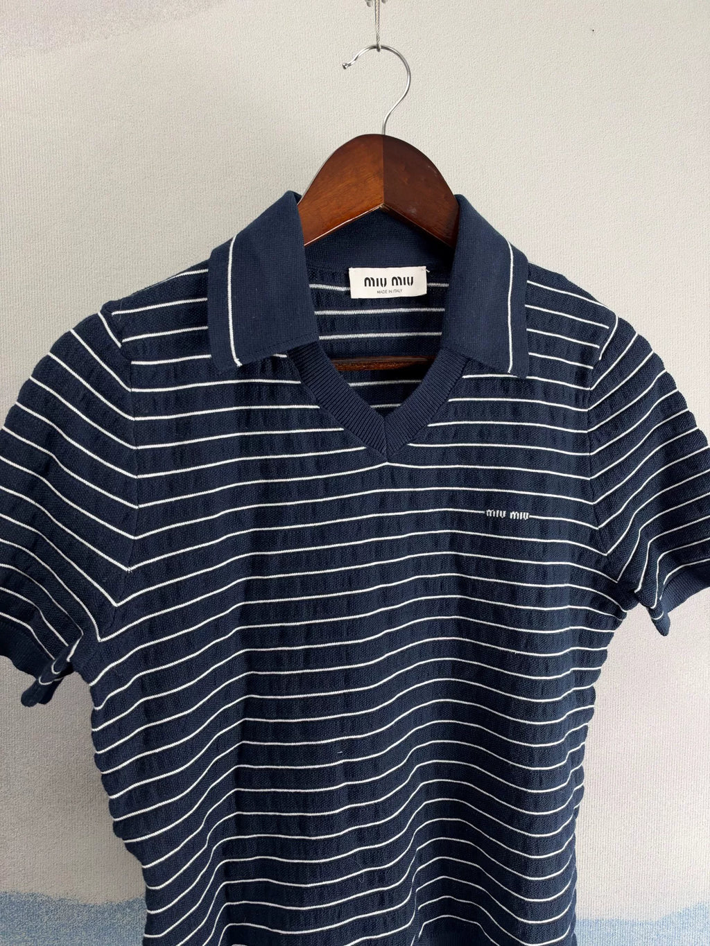 Miu Miu SS26 Navy Blue Collared Striped Knit Top