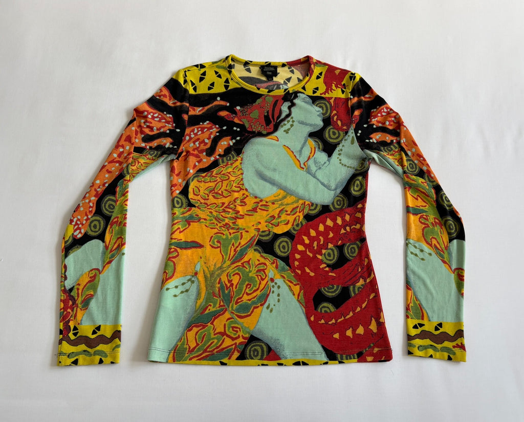 Jean Paul Gaultier Vintage Slim Print Long Sleeve Portrait Silk Top