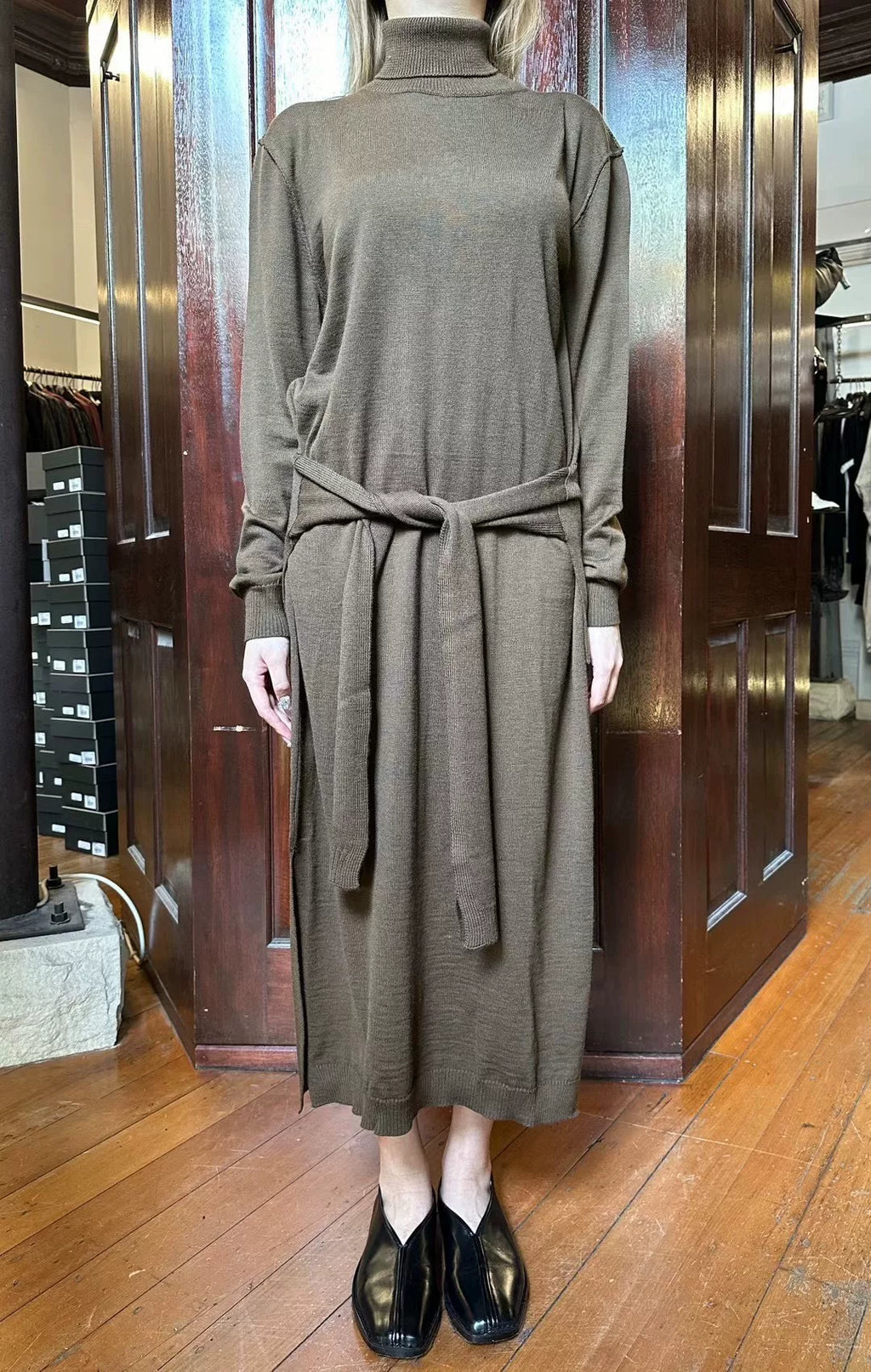Lemaire FW24 Hazelnut Brown Trompe L‘oeil High Neck Dress