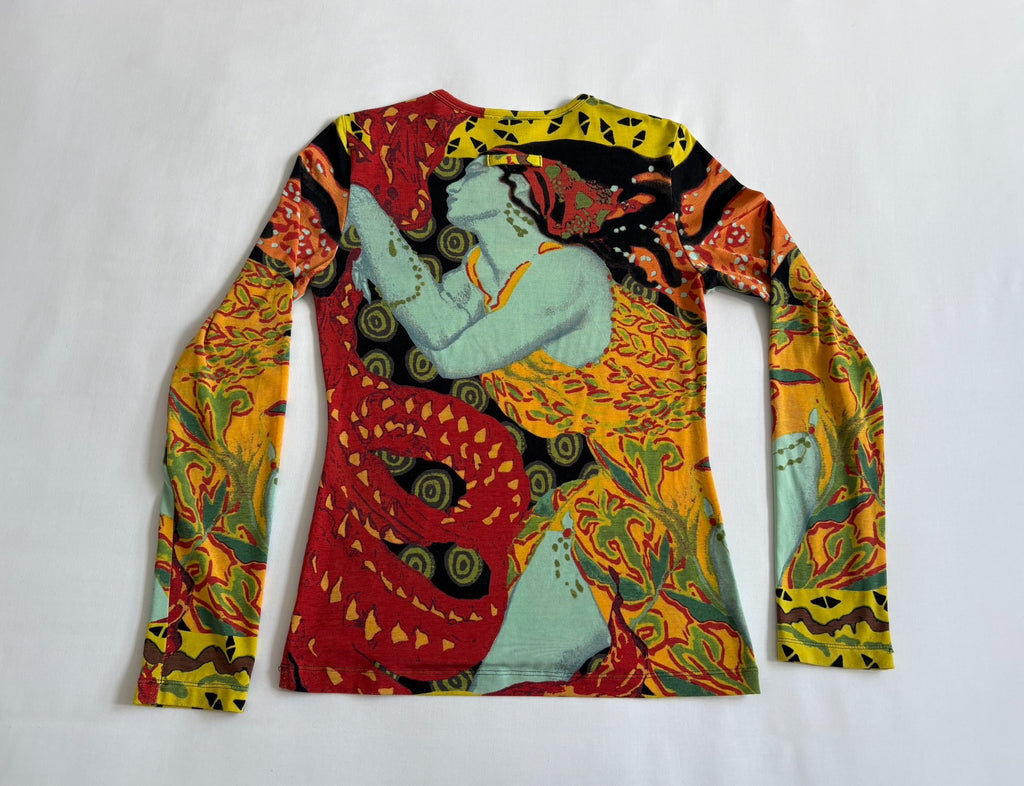 Jean Paul Gaultier Vintage Slim Print Long Sleeve Portrait Silk Top