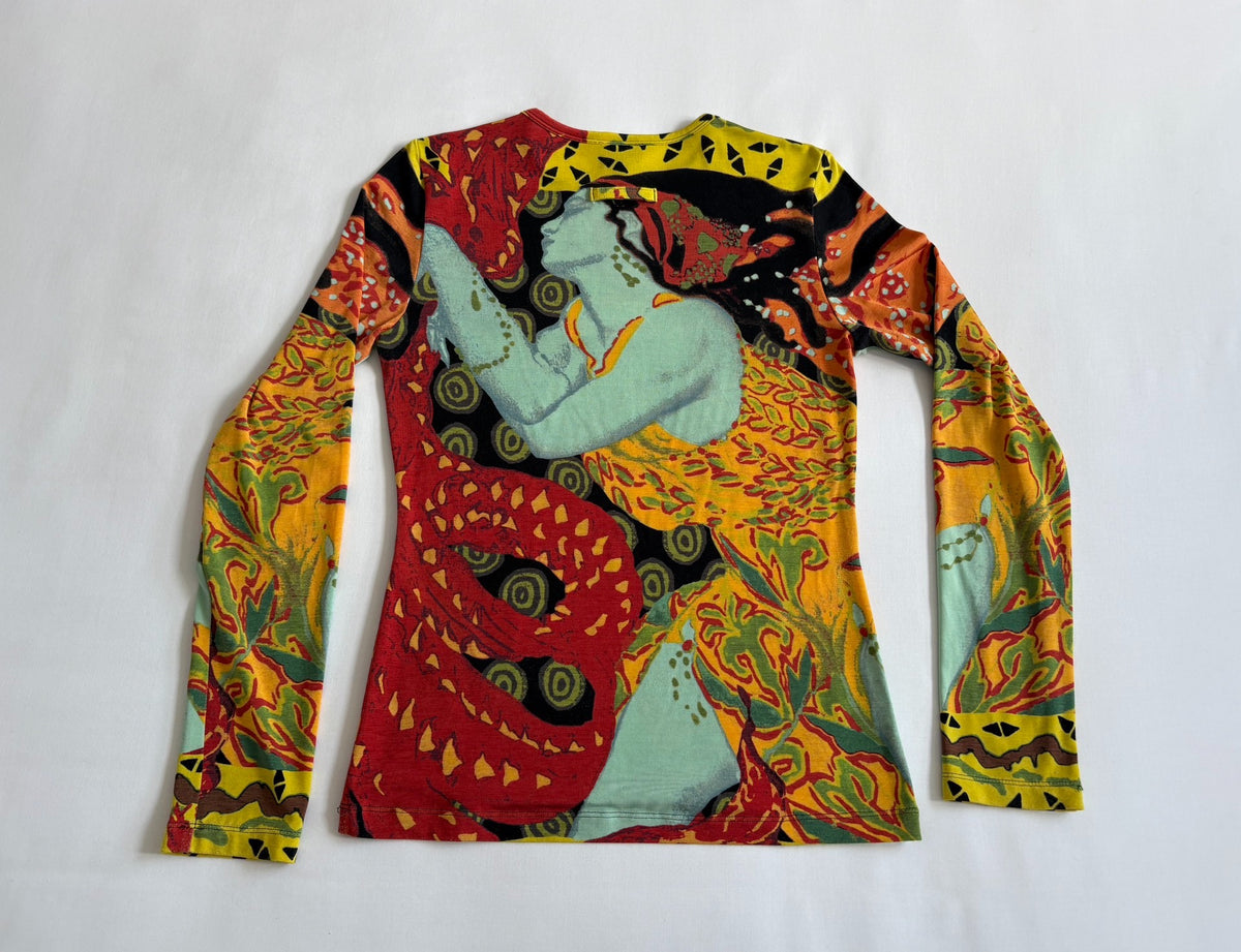 Jean Paul Gaultier Vintage Slim Print Long Sleeve Portrait Silk Top