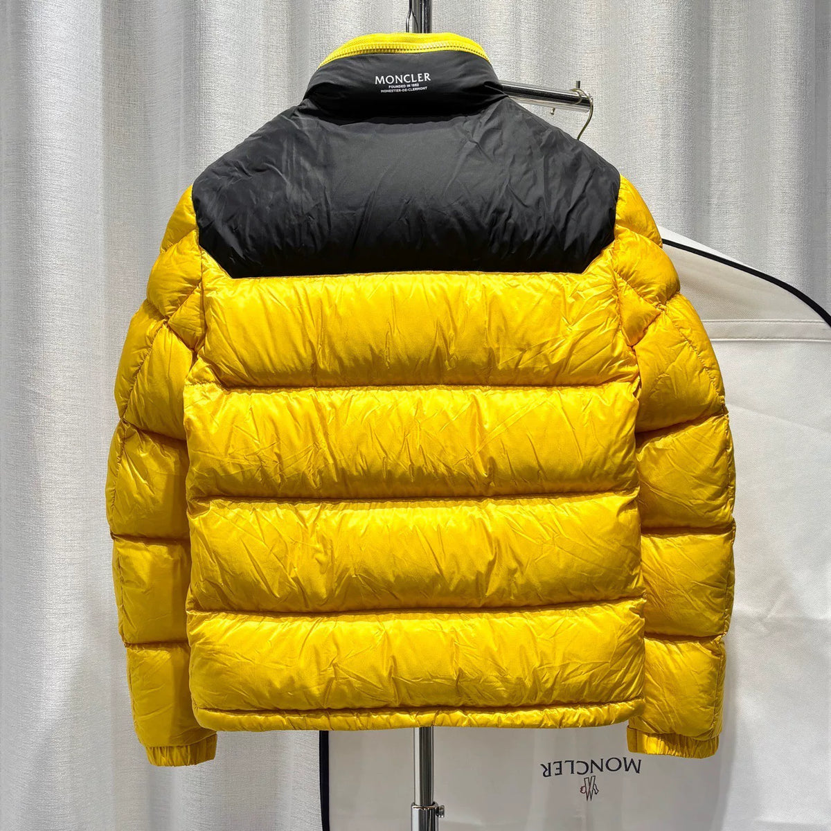 Moncler PEUPLIER Yellow Letter Print Webbing Colorblock Hidden Hood Nylon Down Jacket