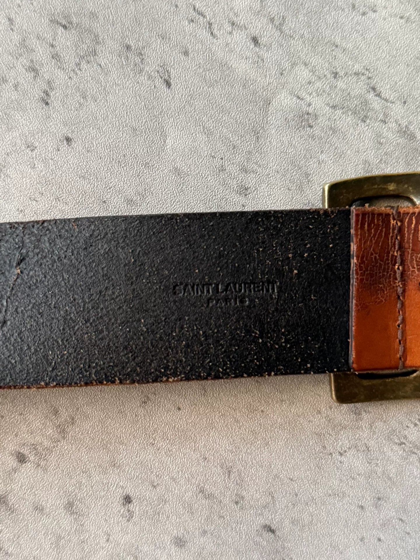Saint Laurent 15AW Red-Brown Cracked Leather Studded Distressed Belt by Hedi Slimane