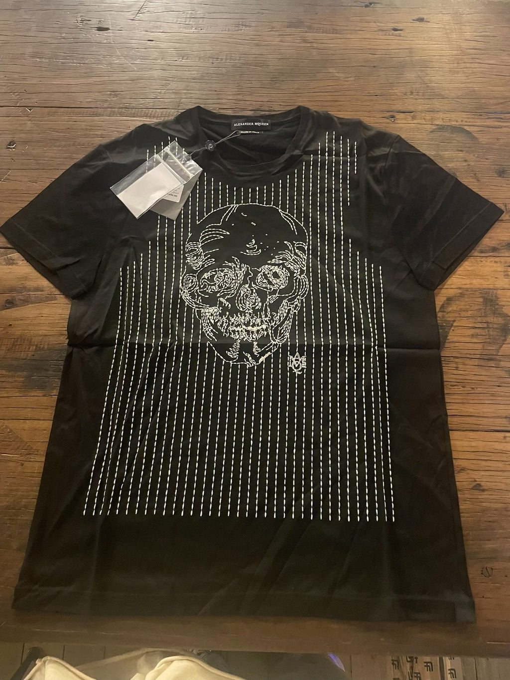 Alexander McQueen FW16 Striped Embroidered Skull Short Sleeve Cotton T-Shirt