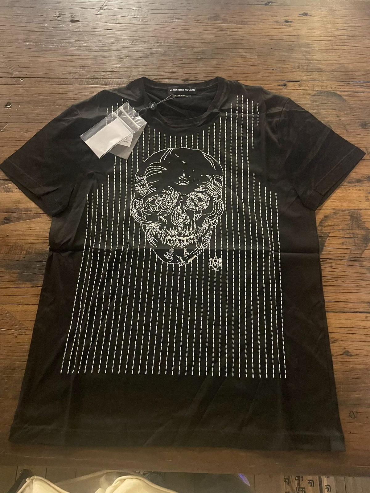 Alexander McQueen FW16 Striped Embroidered Skull Short Sleeve Cotton T-Shirt