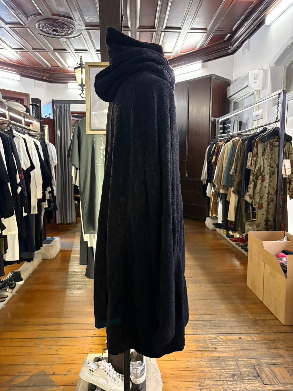 Julius FW16 Black Diagonal Zip Collared Long Hooded Beast Mixed Fiber Coat