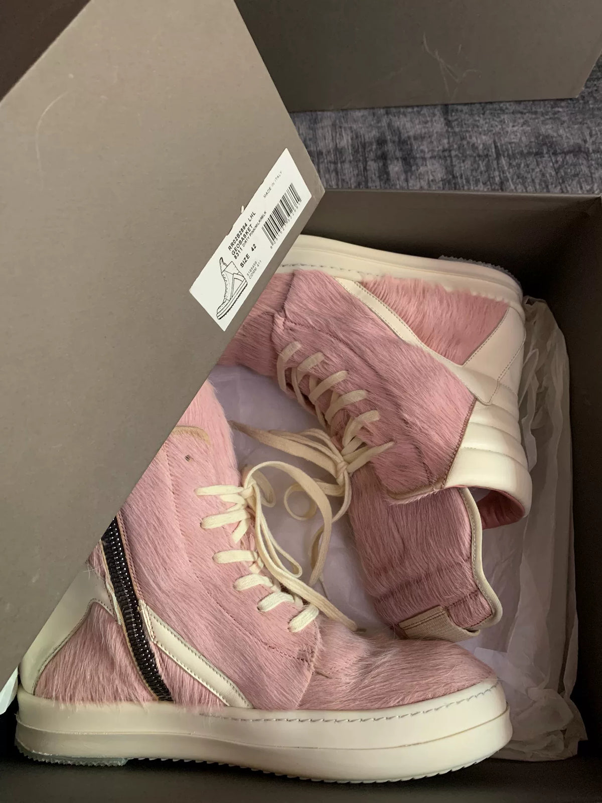 Rick Owens Inverted-Triangle Pink Fur Sneakers