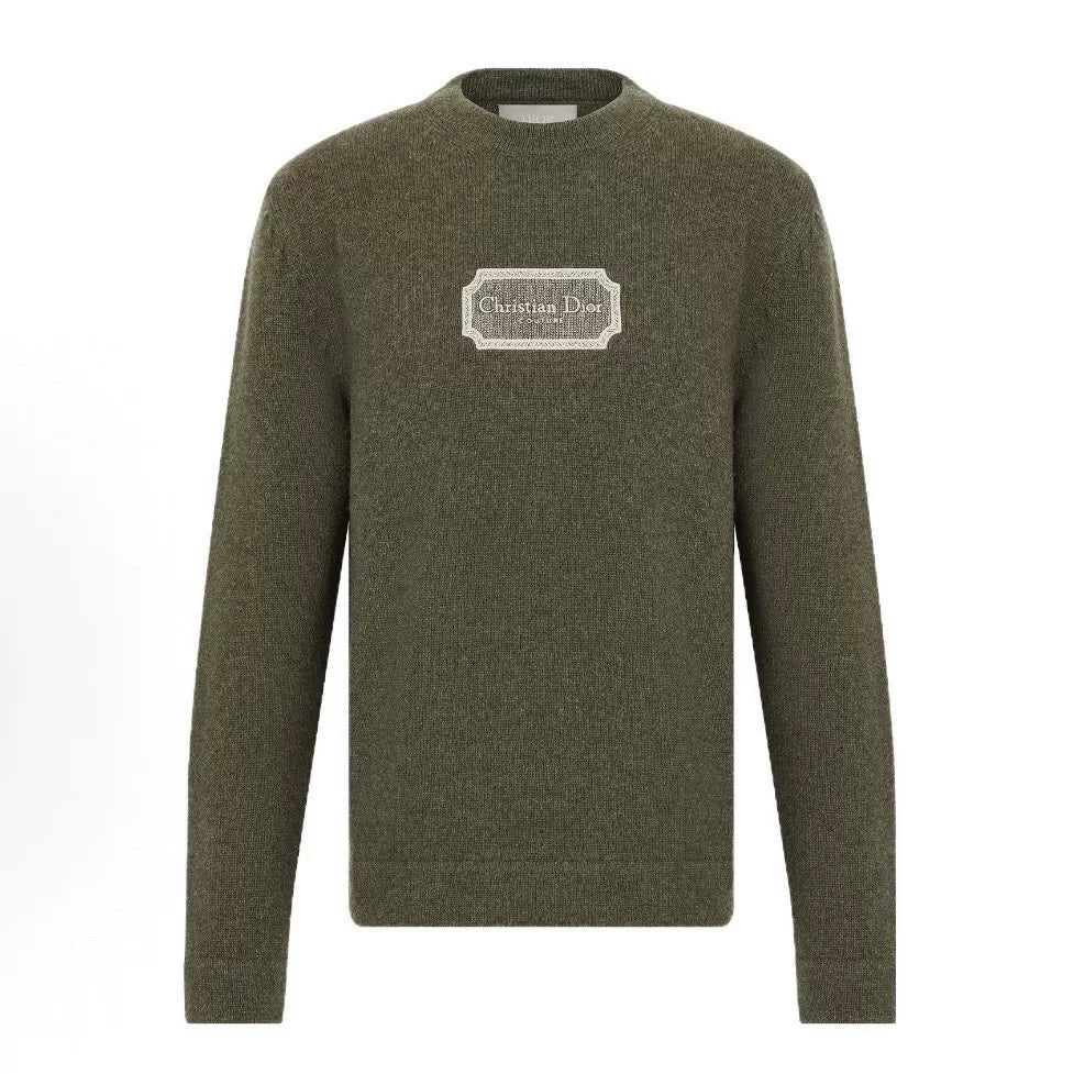 Dior Olive Slogan Embroidered Logo Ribbed Collar Cashmere Sweater