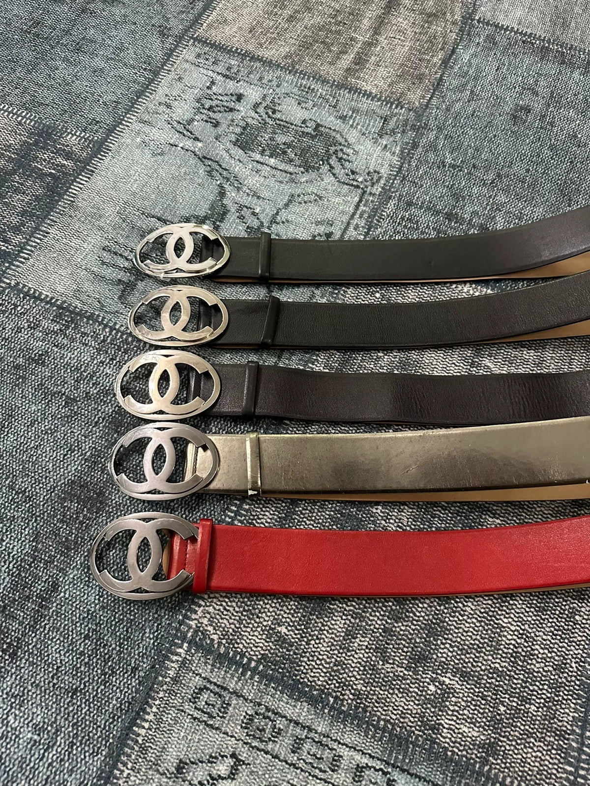 Chanel Double C wide belt silver patent leather