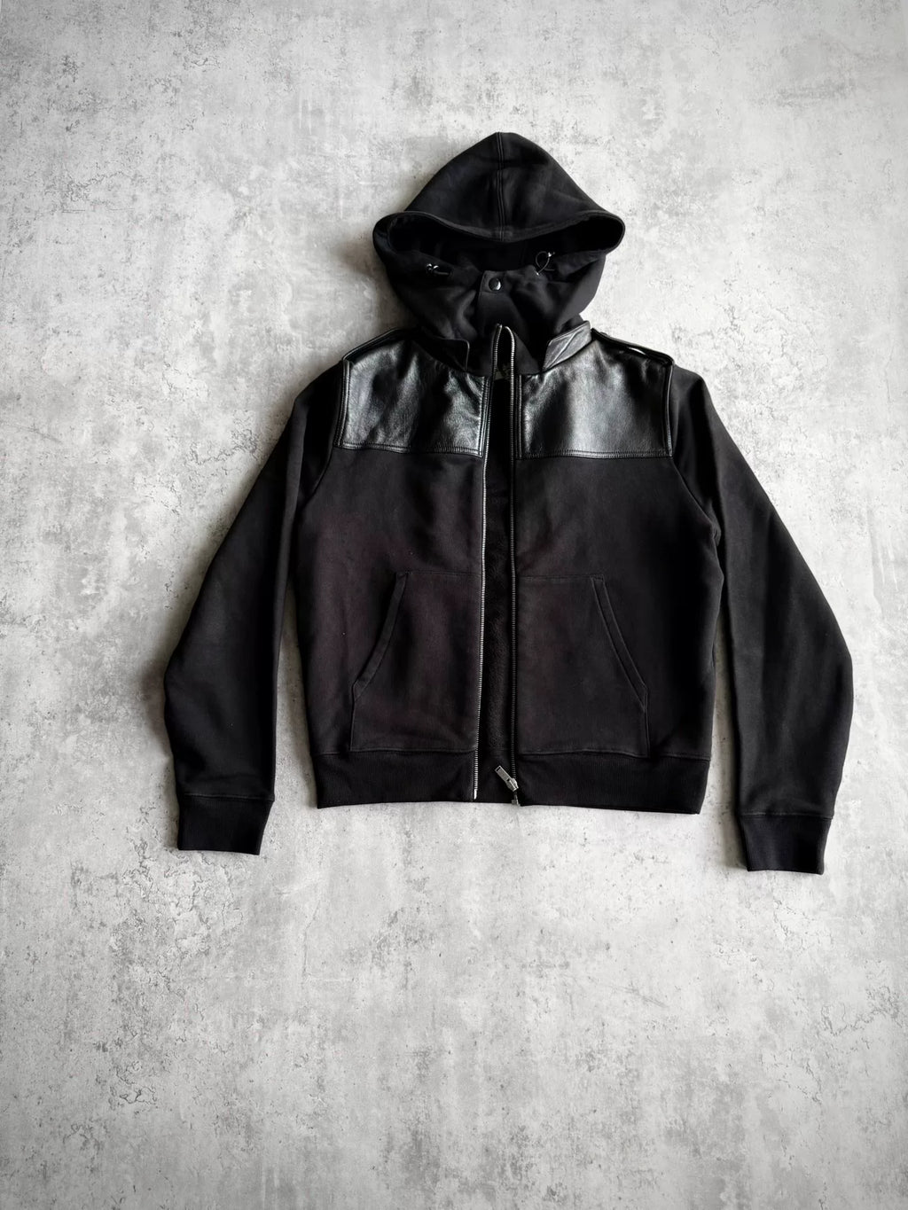 Saint Laurent Paris AW19 Black Military Leather Panel Zip-Up Hooded Sweater