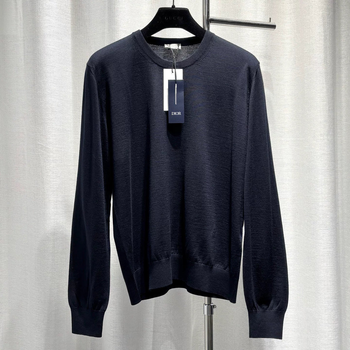 Dior Navy Blue CD Letter Embroidered Logo Ribbed Collar Wool Sweater