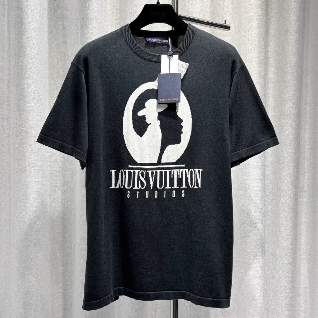 Louis Vuitton Black Letter Portrait Intarsia Ribbed Collar Cotton Knit Short Sleeve Top