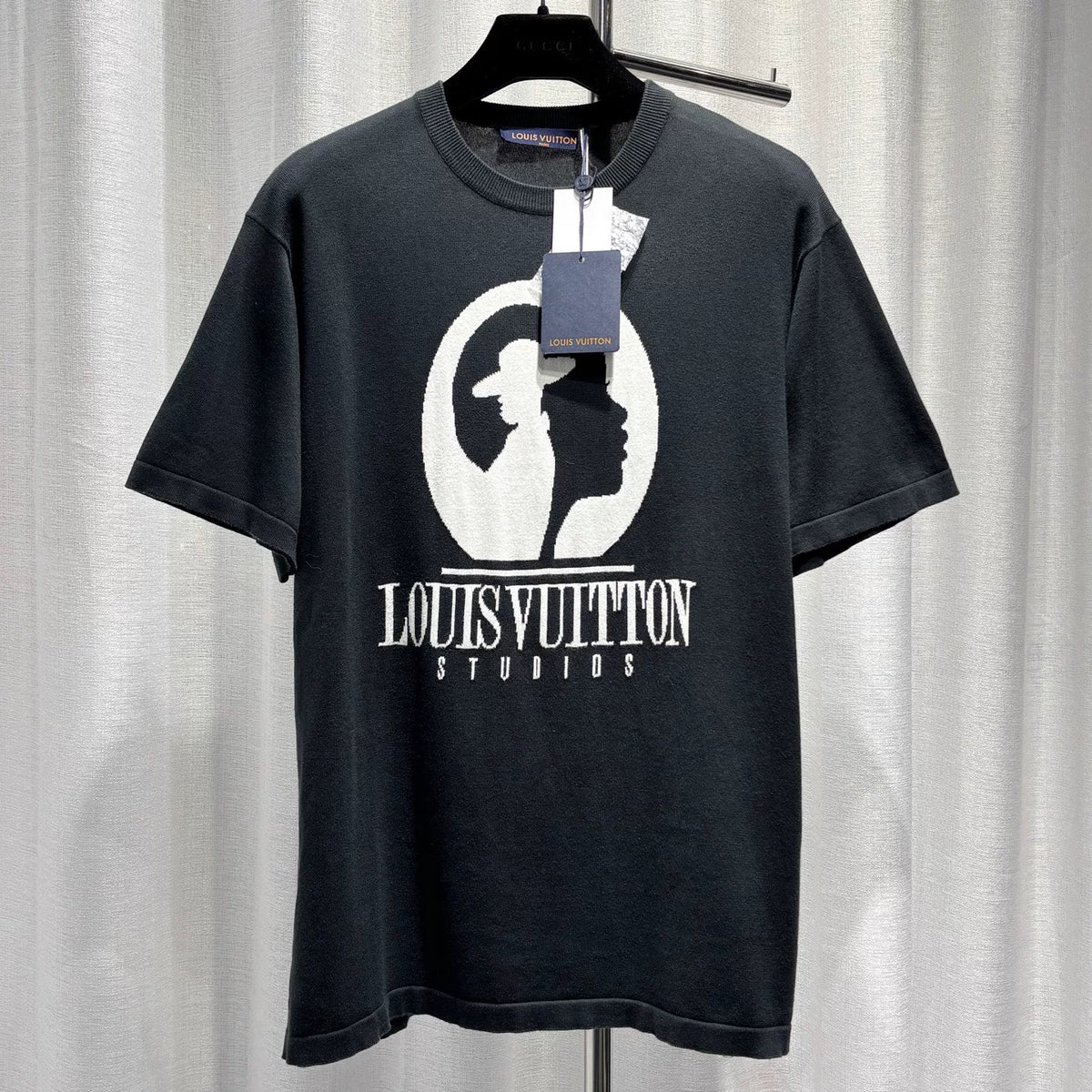 Louis Vuitton Black Letter Portrait Intarsia Ribbed Collar Cotton Knit Short Sleeve Top