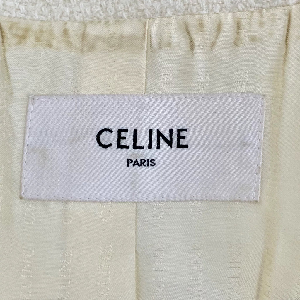Celine Beige Gold-Button Wool Collared Single-Breasted Short Sleeve Boucle Jacket