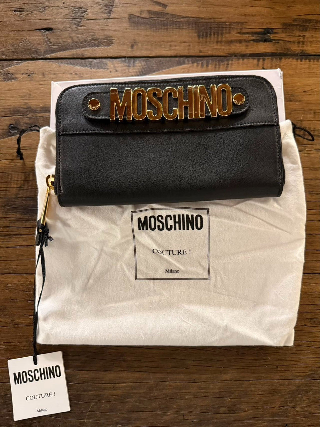 Moschino SS15 Black Gold Logo Zip Leather Wallet