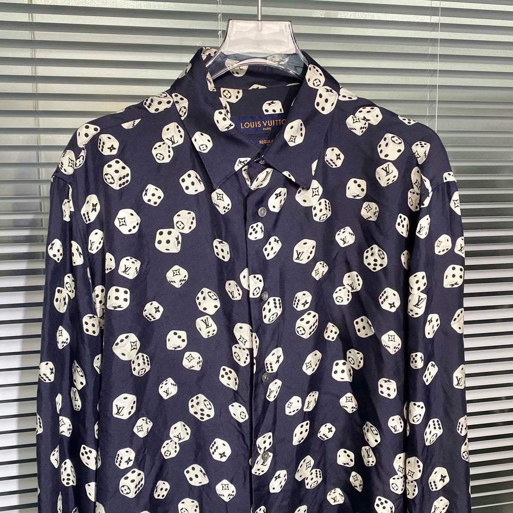 Louis Vuitton Long Sleeve Monogram All-Over Print Button-Front Silk Navy Shirt
