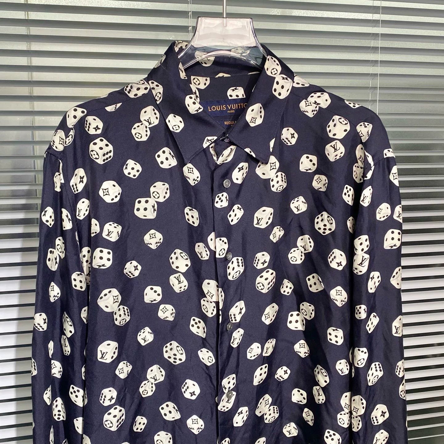 Louis Vuitton Long Sleeve Monogram All-Over Print Button-Front Silk Navy Shirt
