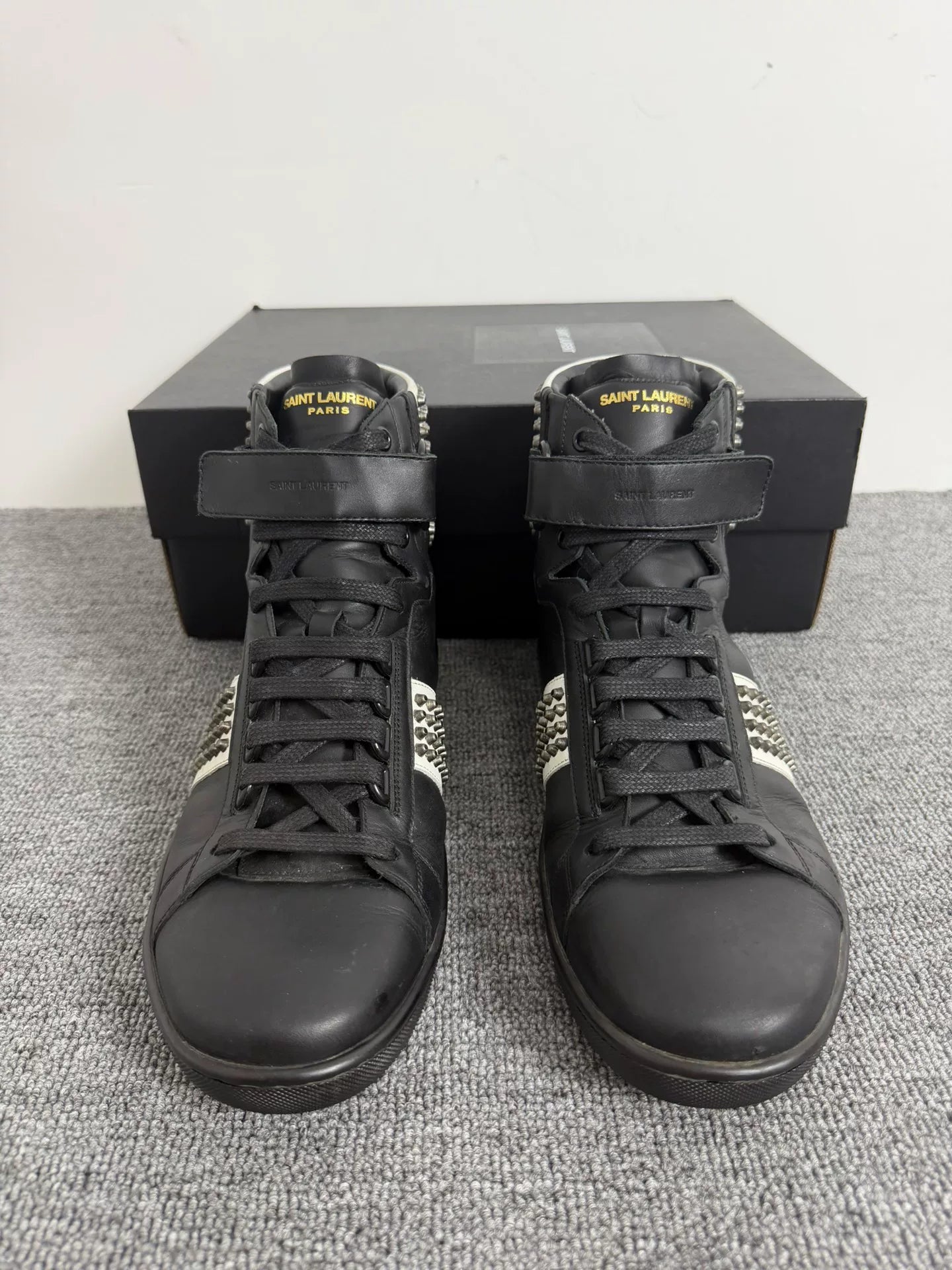Saint Laurent Slp14fw Black White Color-Block Studded High-Top Sneakers