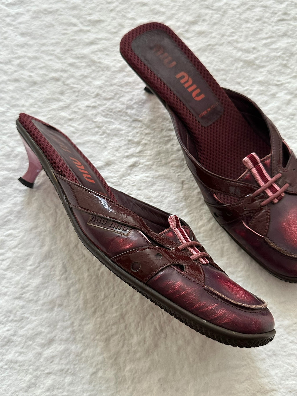 Miu Miu 00SS Wine Red Patent Leather Distressed Mule Slippers