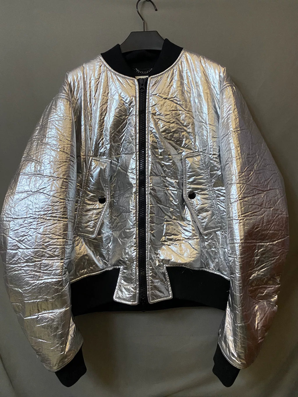 Dries van Noten Silver Pleated Zip Bomber Jacket